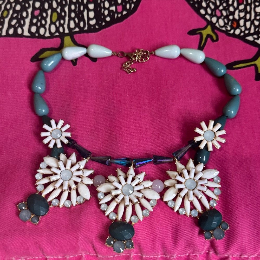 Statement Floral Bib Necklace White & Teal Beads, Adjustable Length